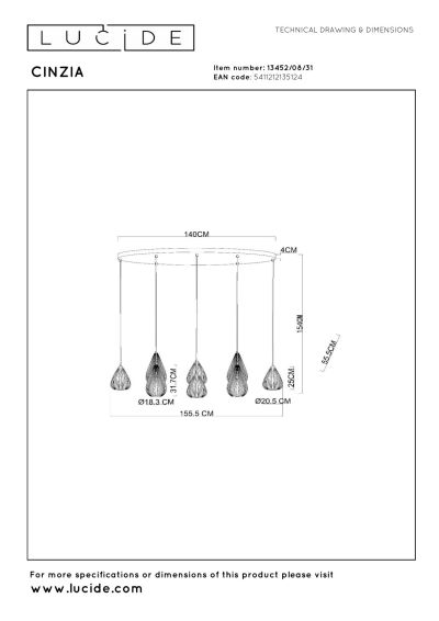Lucide CINZIA - Pendant light - 8xE27 - White
